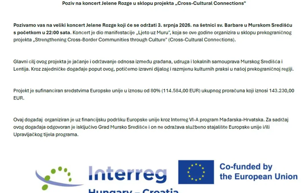 Poziv na koncert Jelene Rozge u sklopu projekta „Cross-Cultural Connections”